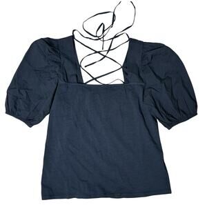NEW NATION LTD. SQUARE NECK LACE TIES BLOUSE XL BLUE 100% COTTON PERU